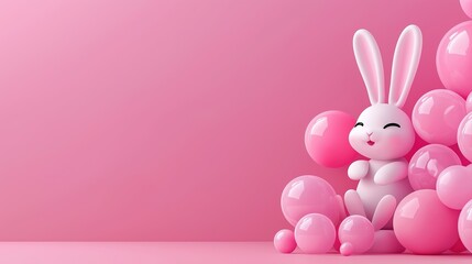 Obraz premium Cute Bunny Surrounded by Pink Inflating Money Bubbles on a Soft Pink Background for Symbolic Themes