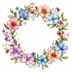Watercolor Floral Wreath with Pink, Blue and Purple Blossoms on White