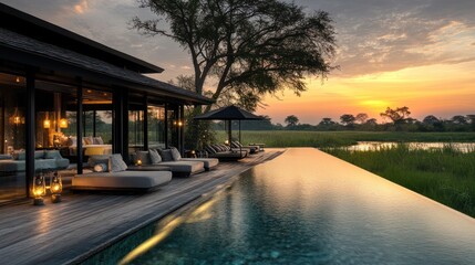 Luxury villa infinity pool sunset African savanna.