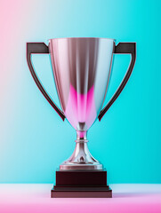 Silver trophy cup shining on colorful background representing victory and achievement