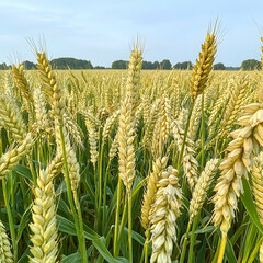 Golden wheat field ripening in summer, rural landscape, background trees, use for agriculture or food industry