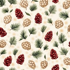 Fototapeta premium Watercolor Winter Seamless Pattern with Red and Beige Pine Cones and Green Branches