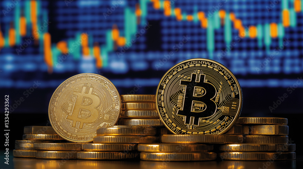 Poster Bitcoin cryptocurrency coins stacked on each other showing negative market trend on computer screen