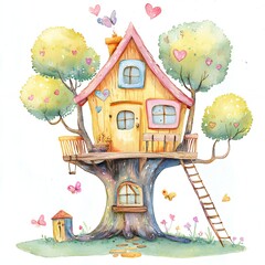Whimsical Watercolor Tree House Illustration with Butterflies and Flowers