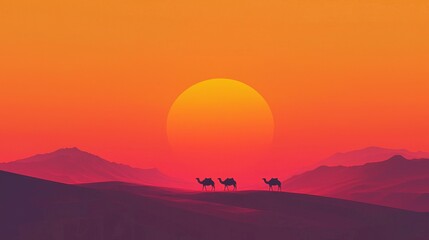 Obraz premium Three camels traverse smooth sand dunes during a stunning sunset, as the sky transitions to vibrant shades of orange and purple against a desert backdrop
