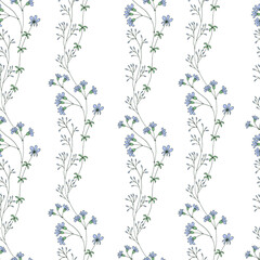 Seamless floral pattern for your design, wallpaper, background. Hand-drawn cute little flowers and leaves.