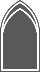 Church window with arched frame and stained glass. Cathedral gothic architecture shape. Silhouette of medieval castle door. Classic catholic interior decoration