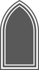 Church window with arched frame and stained glass. Cathedral gothic architecture shape. Silhouette of medieval castle door. Classic catholic interior decoration