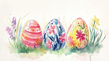 Fototapeta premium Soft-focus watercolor illustration of three Easter eggs with delicate floral hand-painted details, arranged with space for text, evoking gentle springtime and festive Easter vibes. 