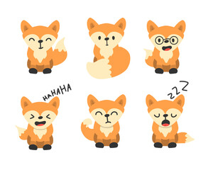 Fototapeta premium Funny cute fox illustration with different poses in handrawn vector style isolated background