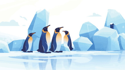 A digital illustration depicting a group of five king penguins standing on a flat expanse of ice.  The penguins are stylized with a slightly cartoonish rendering.  Behind them are several stylized