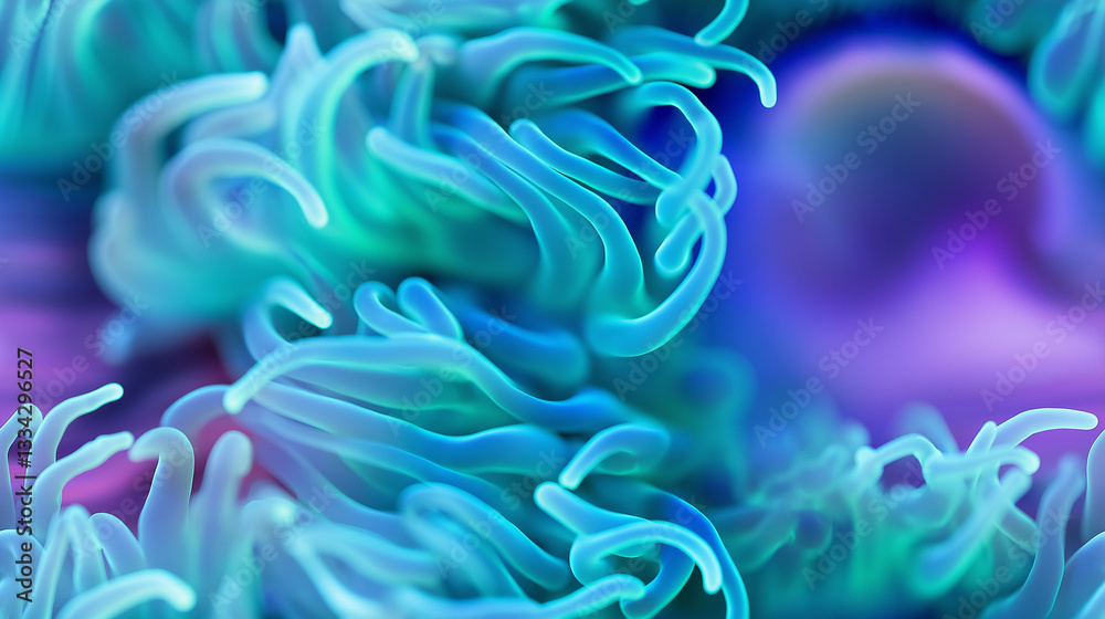 Poster glowing cyanobacteria filaments forming intricate patterns in microscopic world