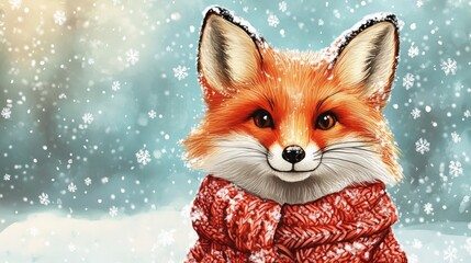 Obraz premium Winter fox dressed in knitted clothes comic art.