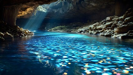 Naklejka premium A serene underground cave with a shimmering blue river and beams of sunlight filtering through the rocky ceiling. Concept Underground Cave Beauty, Shimmering Blue River, Sunlight Beams