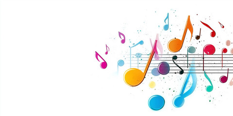Colorful music notes flowing on a stave with a white background