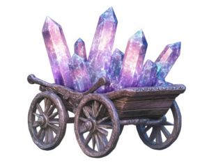 fantasy wheelbarrow carrying glowing magical crystals, radiating vibrant colors and mystical energy. This enchanting scene evokes sense of wonder and imagination