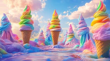 Vibrant Fantasy Landscape with Rainbow-Colored Ice Cream Cones