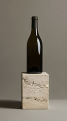 Elegant dark wine bottle on a textured stone pedestal with a neutral background.