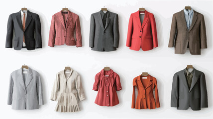 The image shows ten different blazers and jackets hanging on wooden hangers against a plain white background.  The jackets are arranged in two rows of five,  displaying a variety of colors