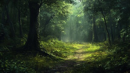 Serene Forest Landscape with Sunlight Filtering Through Trees - Nature Photography