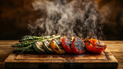 A rustic wooden cutting board with freshly grilled vegetables--charred bell peppers, zucchini, and asparagus--expertly arranged