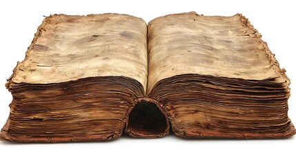 An ancient open book with weathered pages showing aged design