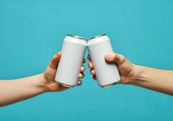 Two young caucasian hands clinking blank soda cans against blue background