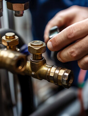 Plumber works hard on brass fittings. Close-up. 
