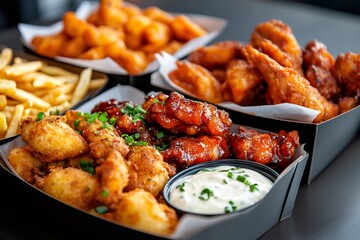 Fototapeta premium Delicious chicken wings, nuggets, tater tots, french fries and dip served in black trays