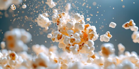Fluffy popcorn kernels exploding in an airy space during a cinematic event special
