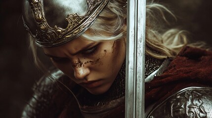 Regal warrior woman in armor with sword and crown for fantasy concept art