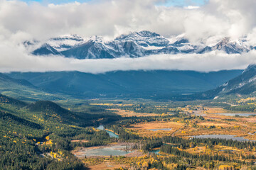 Mighty Rocky Mountains in the distance looking over the Vermillion Lakes and the Bow Valley in the Banff National Park - taken from Tunnel Mountain