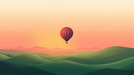 Fototapeta premium A vibrant hot air balloon floats gracefully over gentle green hills as the sun rises, casting a warm glow across the tranquil landscape and colorful sky
