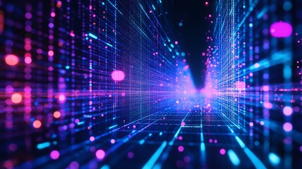 Fototapeta premium digital grid in glowing neon blue and purple, extending into the distance on a black background, perfect for tech branding