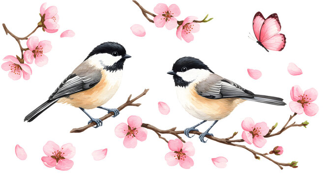 Watercolor Spring Birds with Cherry Blossoms and Butterfly Harmony Design