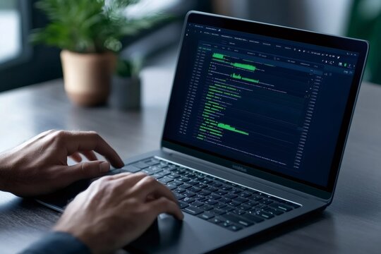 Programmer writing html and css code on a laptop computer