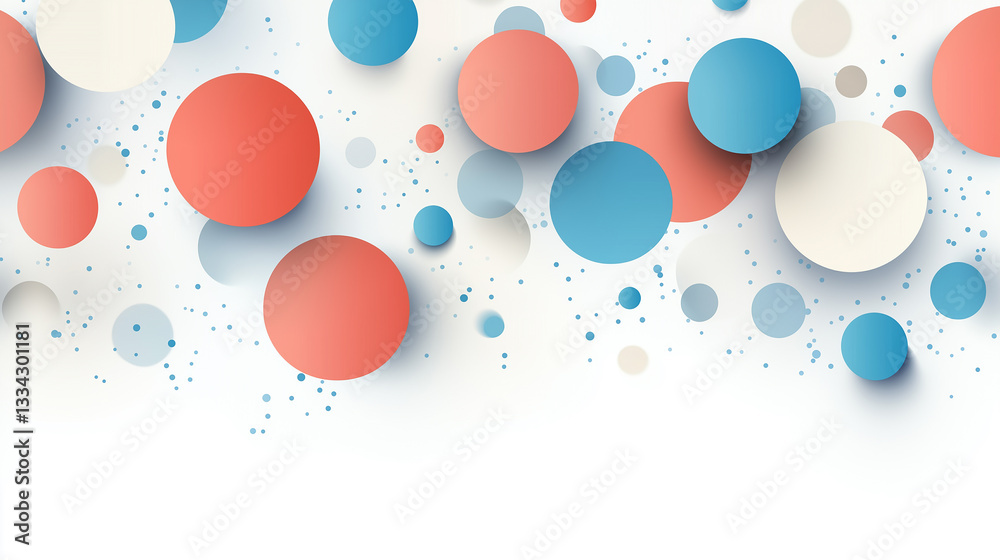 Poster Colorful circles floating on white background with small dots creating depth and modern feel