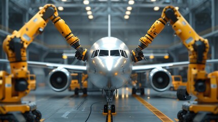 Aircraft assembly line with robotic arms working on the fuselage in a hangar