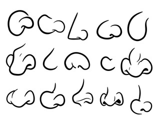 set of  nose cartoon line art vector black and white icons. Hand Drawn Cartoon Nose Pack . Funny Face Elements