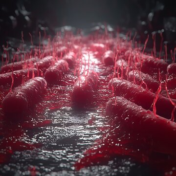 Microscopic organisms with red tones and delicate projecting structures