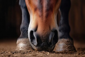 Horse eating hay in stable close up on nose and mouth