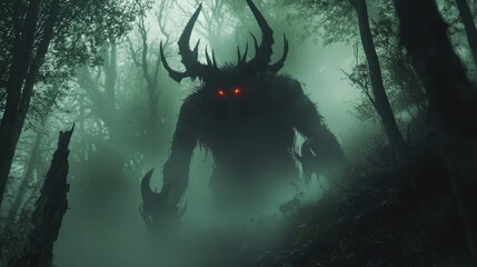 A monster with horns and red eyes stands in a forest