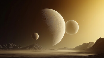 Obraz premium Three planets rising over surreal alien landscape