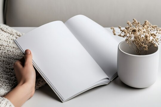 Woman holding open blank book mockup with dried flowers