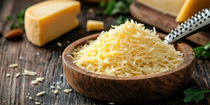 Grated cheese served in a wooden bowl on a rustic table with a cheese block and grater in the background - Powered by Adobe