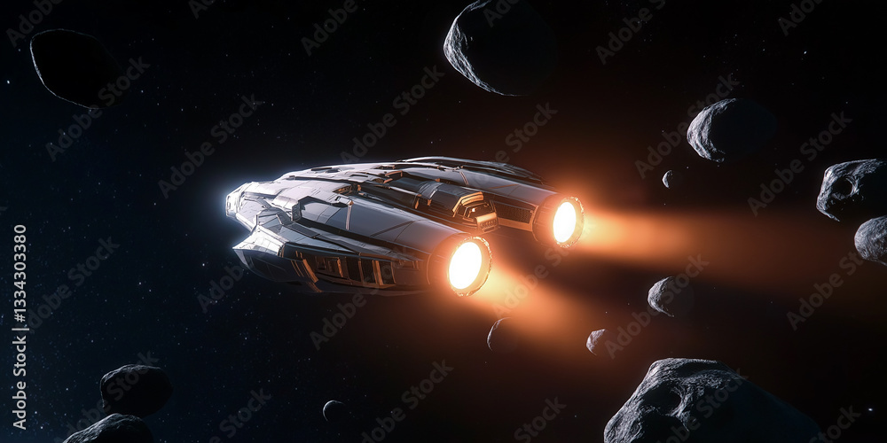 Aufkleber futuristic spaceship flying through asteroid field in deep space