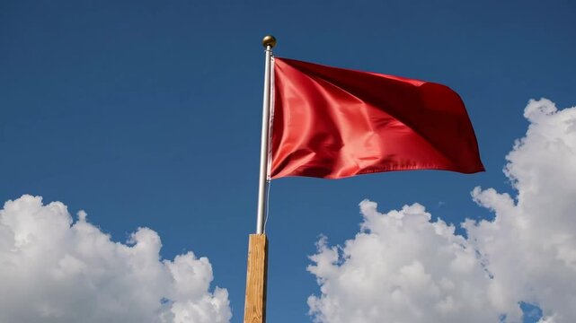 Red flag waving against a blue sky with white clouds, alert and warning concept