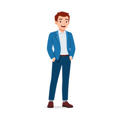 Man Standing with Hands in Pockets, Smiling with Blue Blazer, Business Casual Attire on White