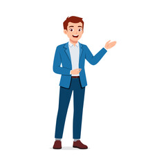 Man Standing and Presenting with Open Palm in Formal Attire with Smiling on Isolated White