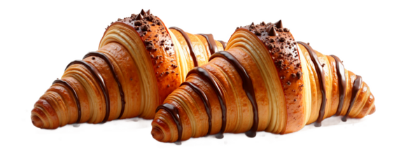 Chocolate croissants isolated on transparent background. Delicious pastry for breakfast, brunch, dessert menus, bakery promotions, and culinary designs. Mouthwatering treat.
